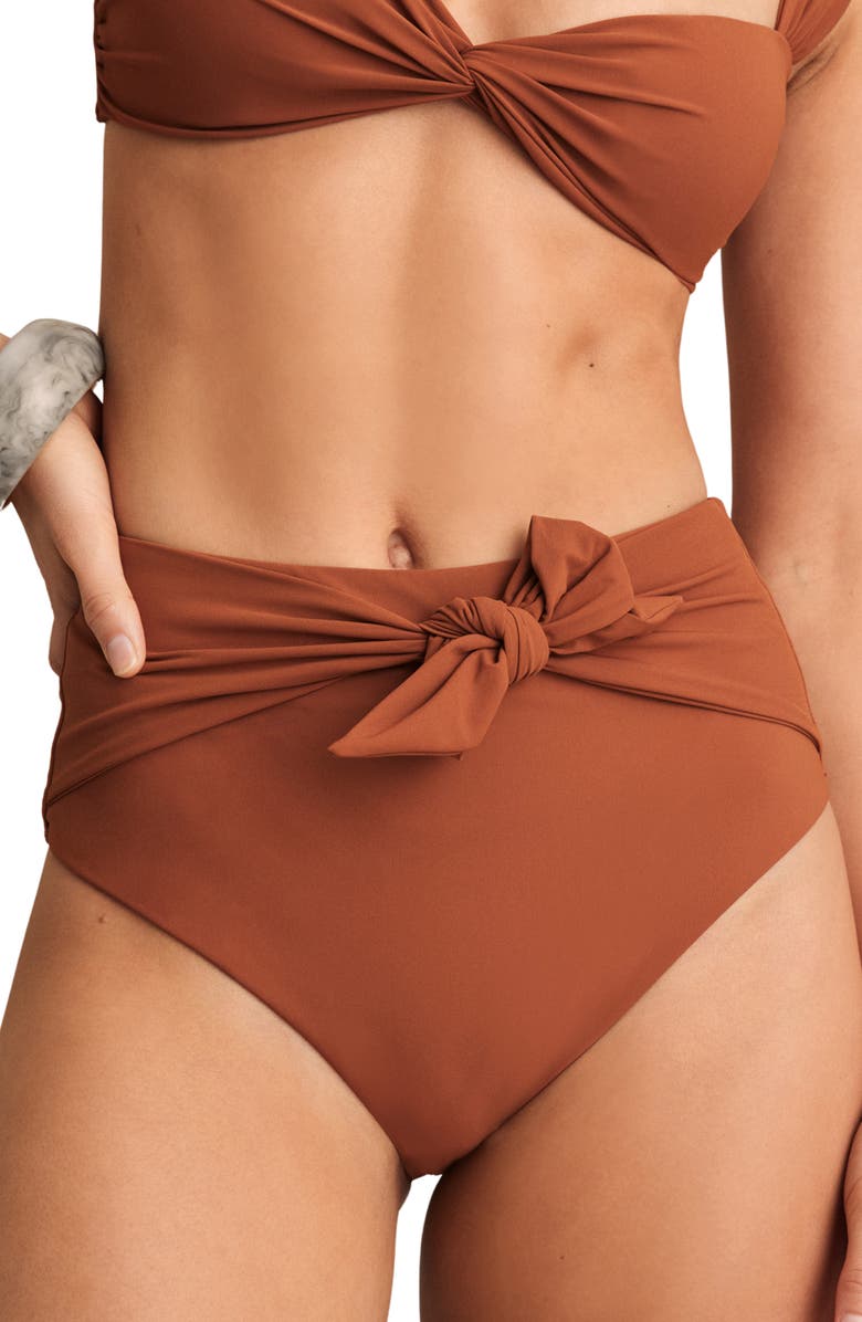 Reiss Hallie Tie Front High Waist Bikini Bottoms, Main, color, Brown