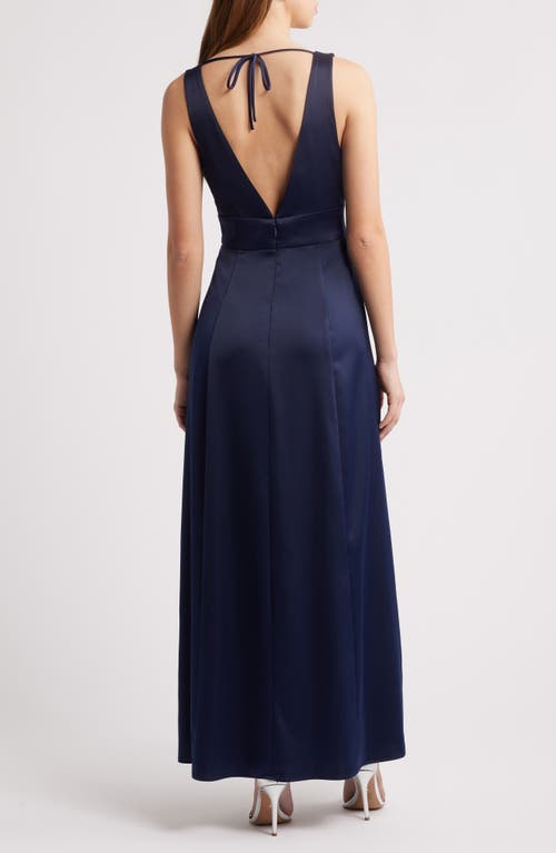 Wayf Thea Halter Neck Satin Gown In Navy