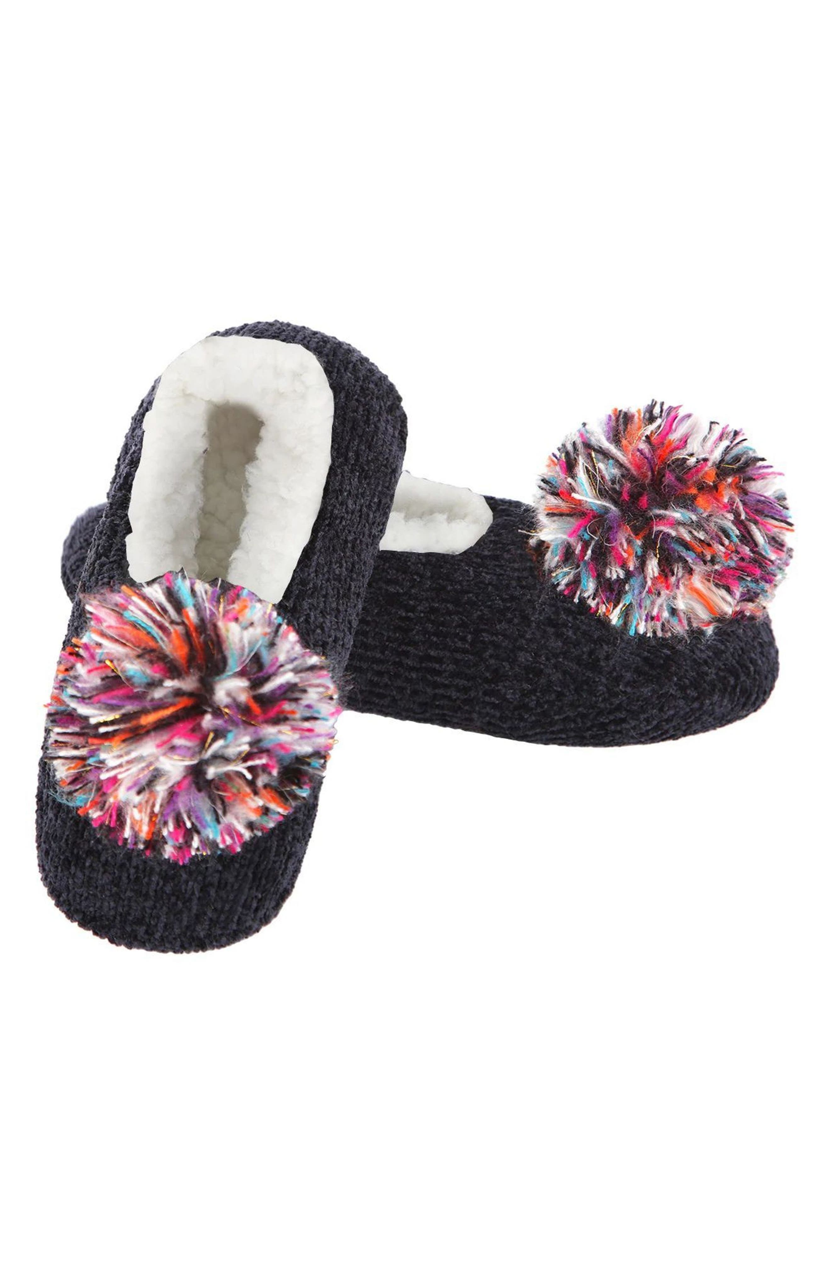 Cuddly Pompom Chenille Slipper Socks, Main, color, BLACK