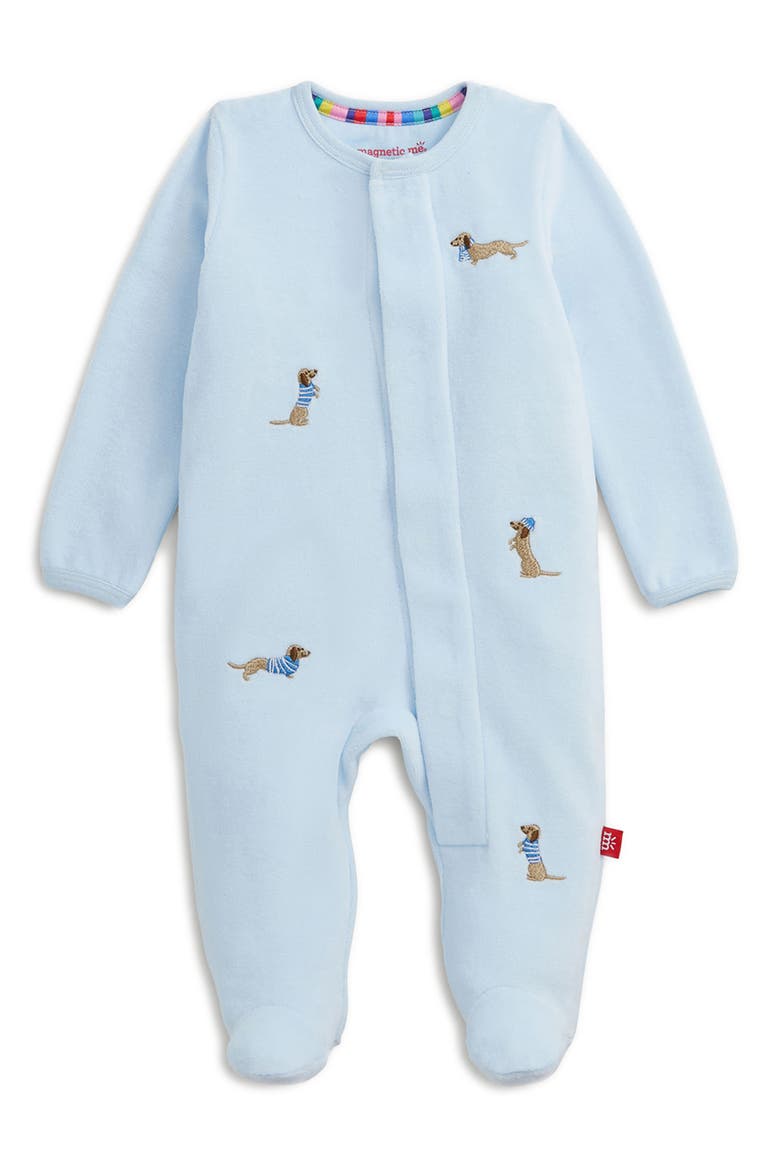 Embroidered Dogs Blue Velour Magnetic Closure Footie, Main, color, EDOGB