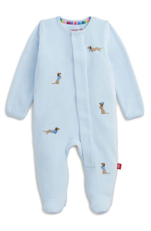 Embroidered Dogs Blue Velour Magnetic Closure Footie