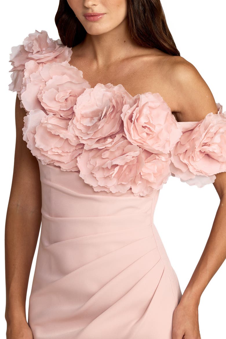 Crepe One Shoulder Gown with 3D Floral Applique, Alternate, color, Blush
