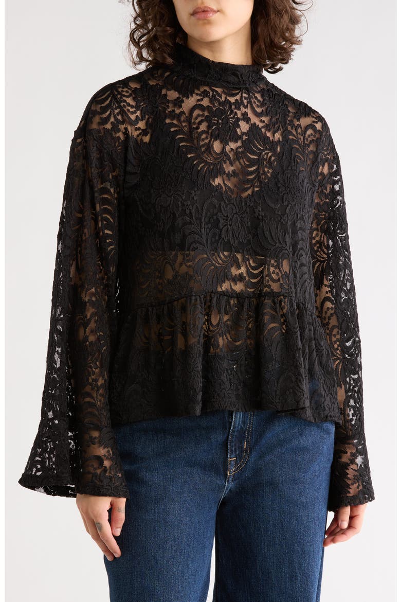 Ruffle Long Sleeve Lace Top, Main, color, BLACK