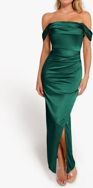 Popilush Liquid Metallic Fabric Off Shoulder Shine Ruched Sculpting Maxi Shapewear Dress