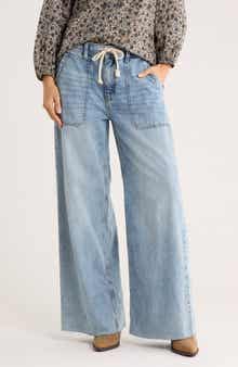 Patch Pocket Raw Hem Wide Leg Pull-On Jeans