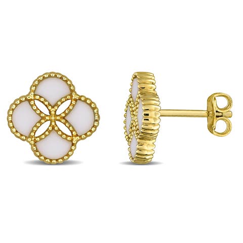 White Agate Quatrefoil Stud Earrings Yellow Plated