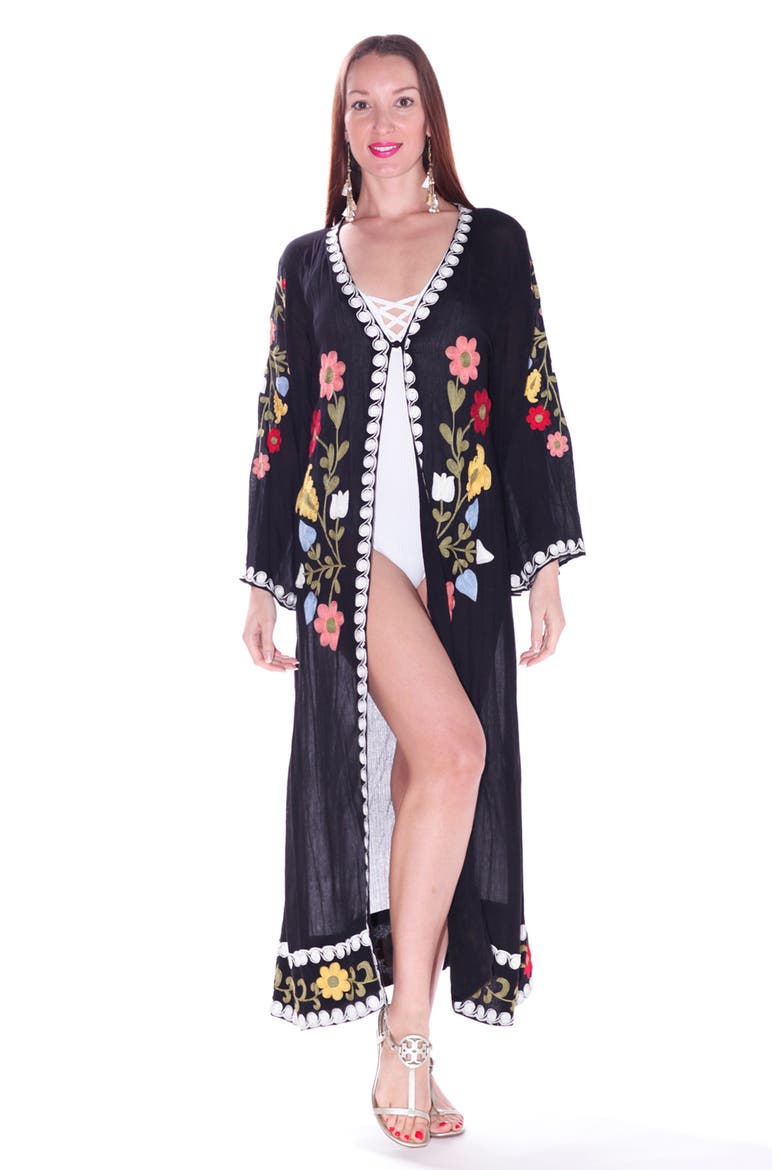 Floral Embroidered Cotton Duster, Alternate, color, BLACK