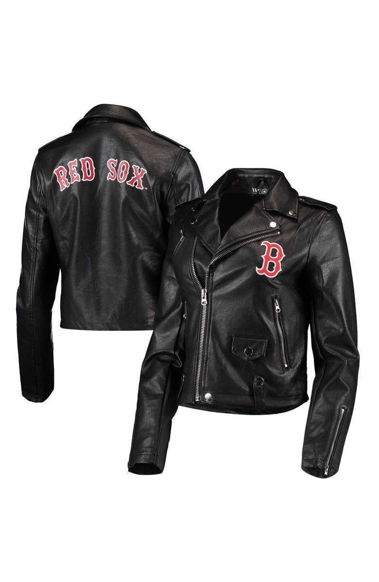 THE WILD COLLECTIVE Women's The Wild Collective Black Boston Red Sox Faux Leather Moto Full-Zip Jacket, Main, color, 