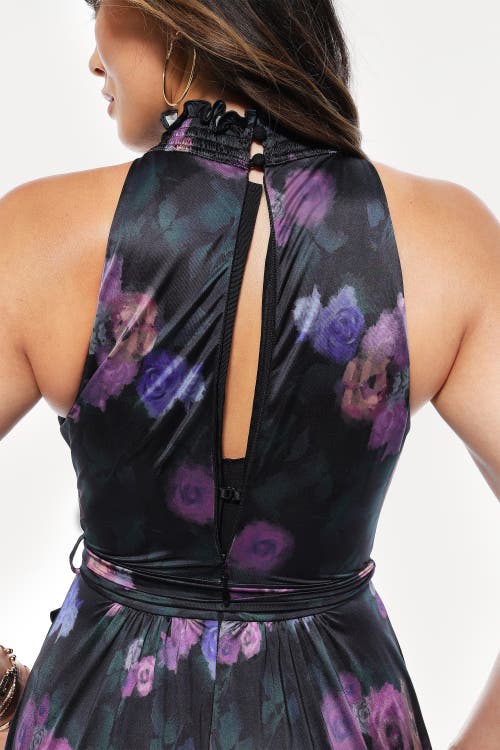 Popilush Draped High Neck Sculpting Floral-print Maxi Dress In Blue