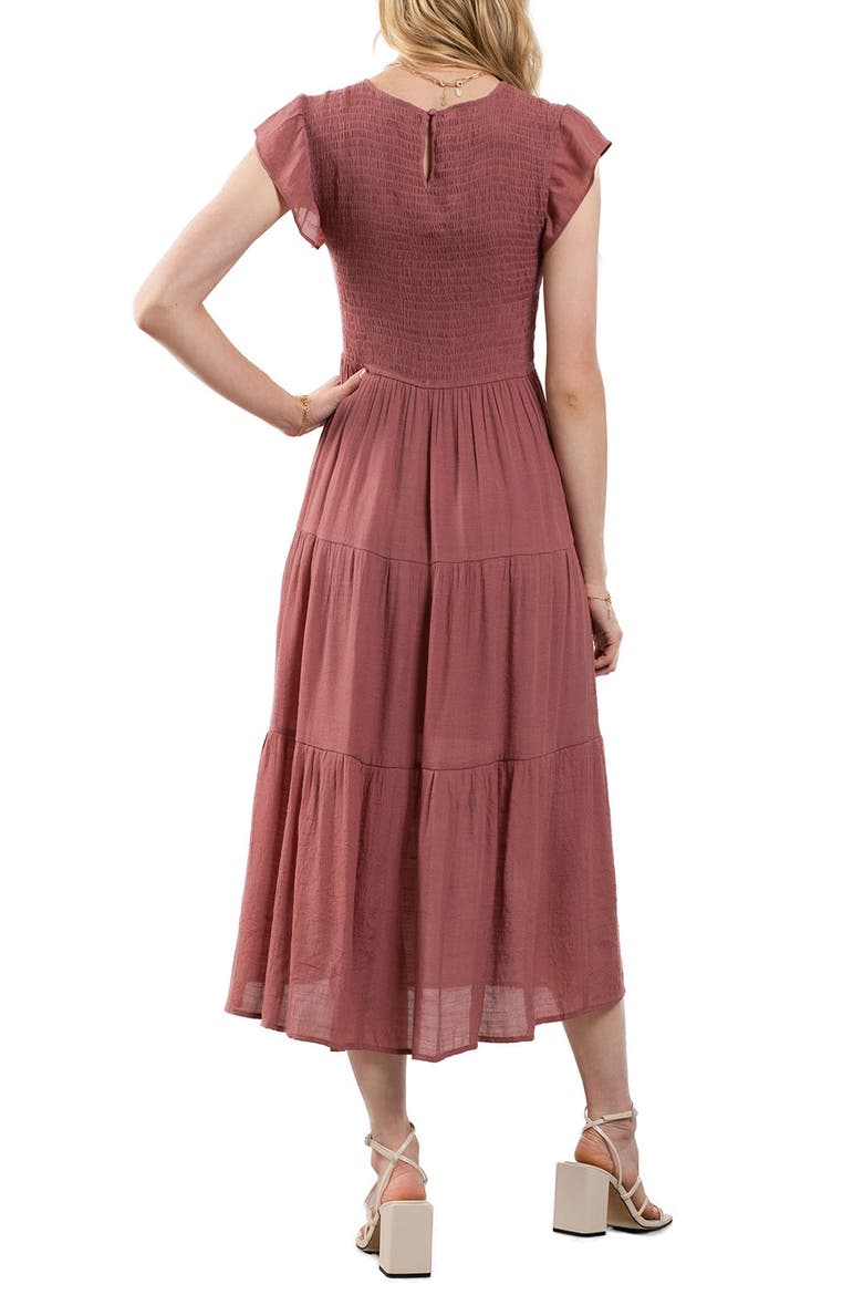 Flutter Sleeve Smocked Tiered Midi Dress, Alternate, color, DUSTY MAUVE
