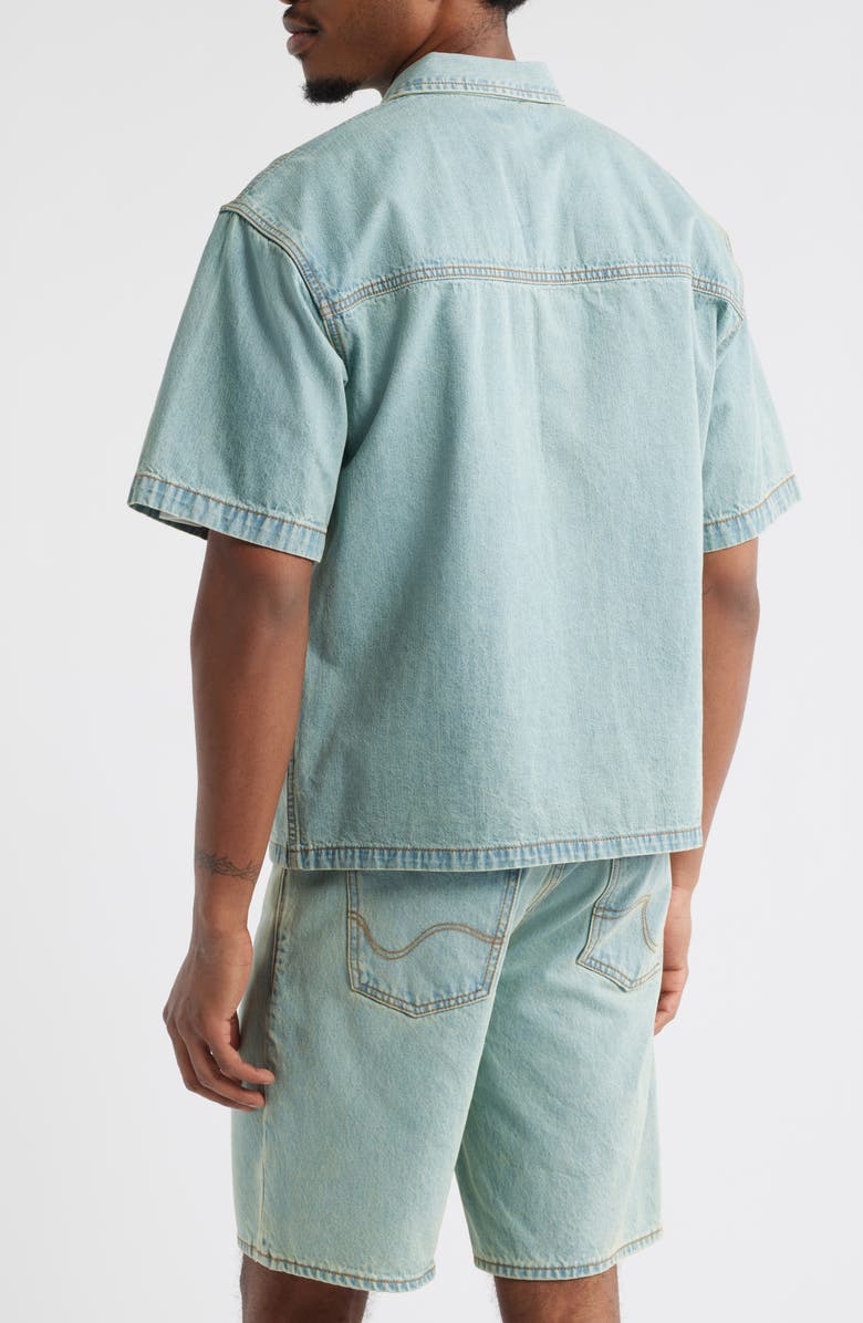 ICECREAM Running Dog Short Sleeve Denim Graphic Button-Up Shirt, Alternate, color, Blueberry Haze