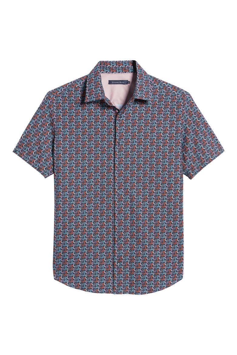 Floral Short Sleeve Stretch Button-Up Shirt, Alternate, color, NAVY