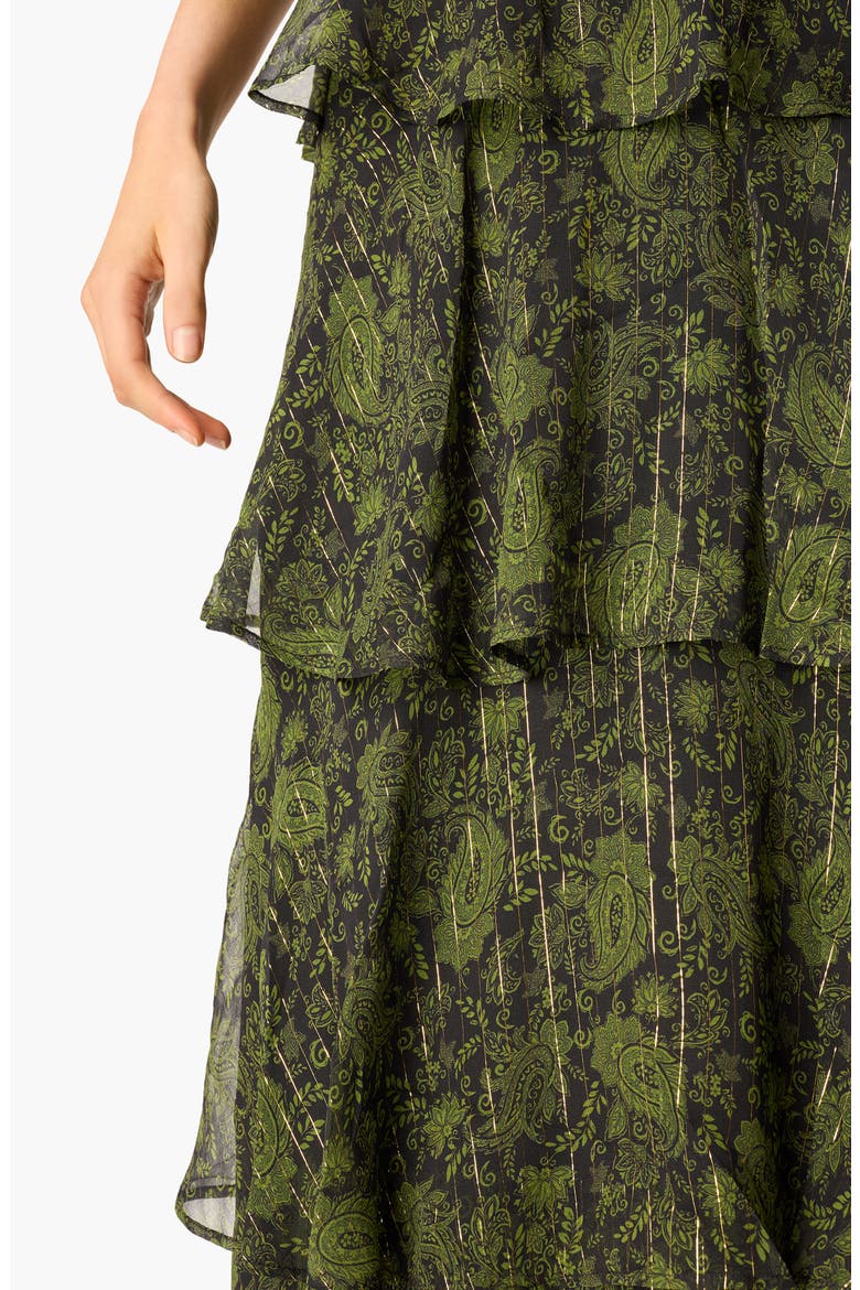 Gaia Metallic Paisley Tiered Silk Blend Maxi Skirt, Alternate, color, FOREST PAISLY