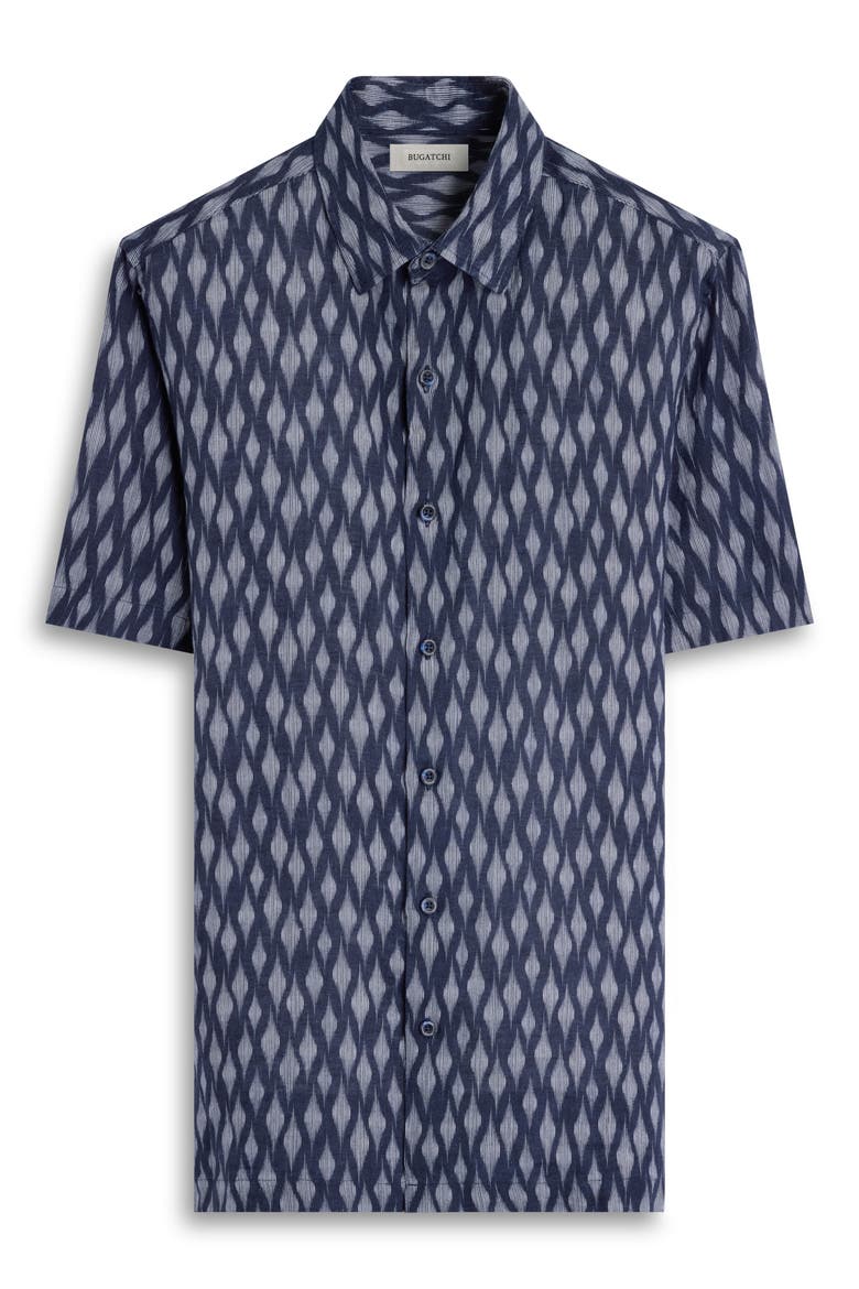 Vero Shaped Fit Geometric Print Short Sleeve Button-Up Shirt, Alternate, color, NAVY