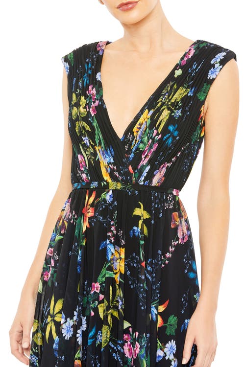 Mac Duggal Pleated Floral Cap Sleeve A Line Gown In Black Multi
