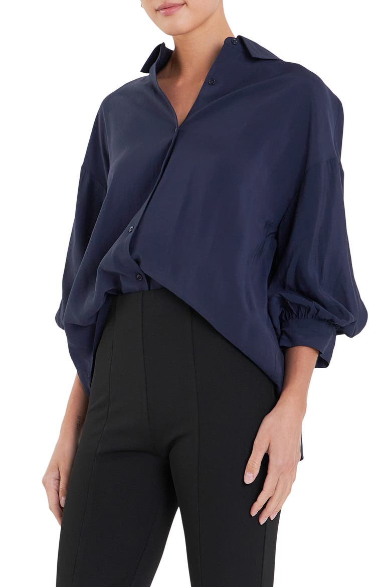 Balloon Sleeve Button-Up Shirt, Alternate, color, NAVY