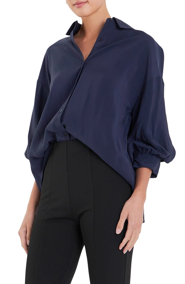 English Factory Balloon Sleeve Button-Up Shirt, Alternate, color, Navy