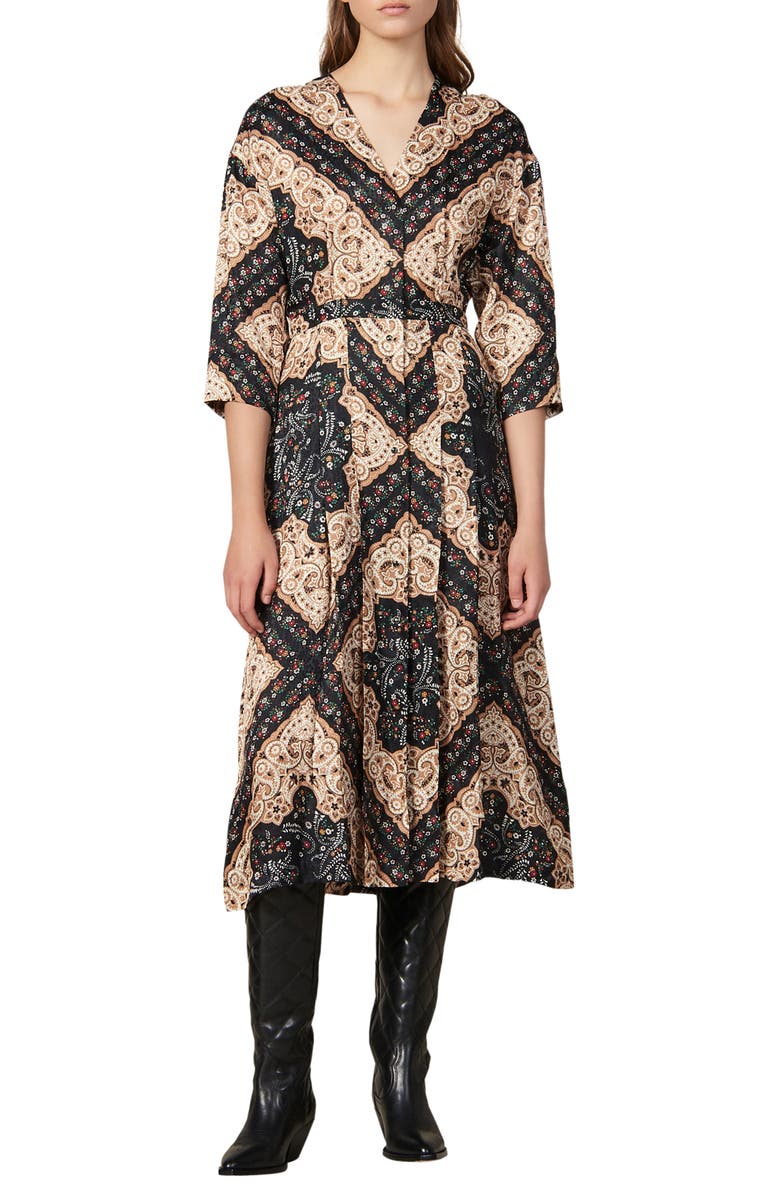 SANDRO Steva Mix Print Midi Dress, Main, color, 