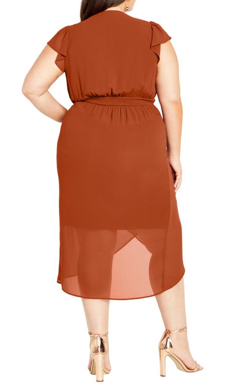 City Chic Pleated Flutter Sleeve Midi Dress In Brown