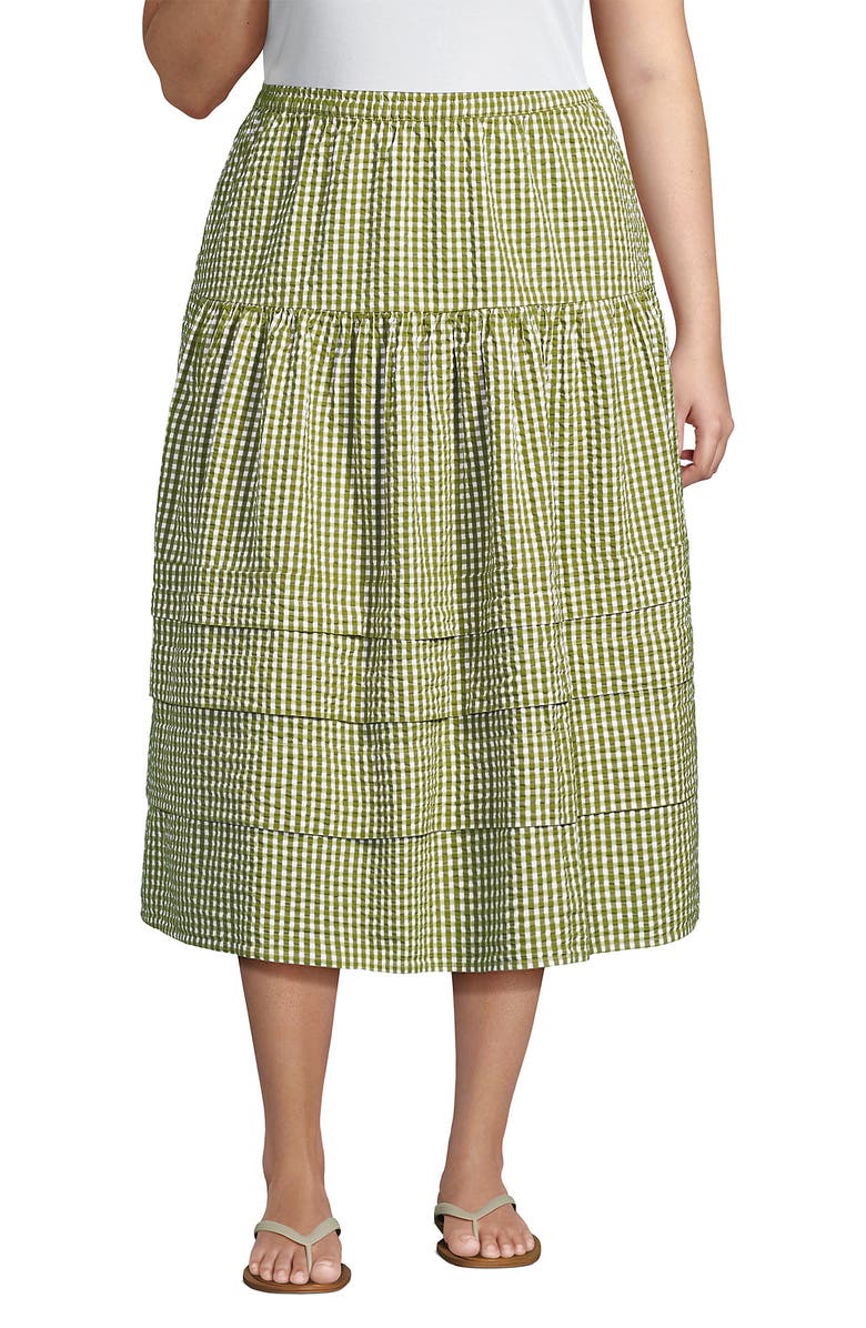 Lands' End Plus Size Seersucker Pull On Midi Skirt, Main, color, Vintage Lime Green Gingham