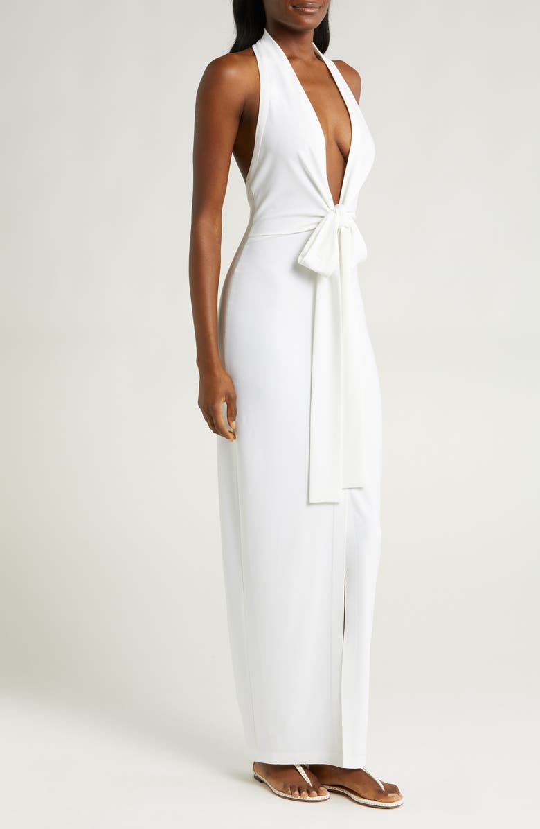 halter layered dress Halter neck layered tulle dress with floral appliqué embroidery main image 0