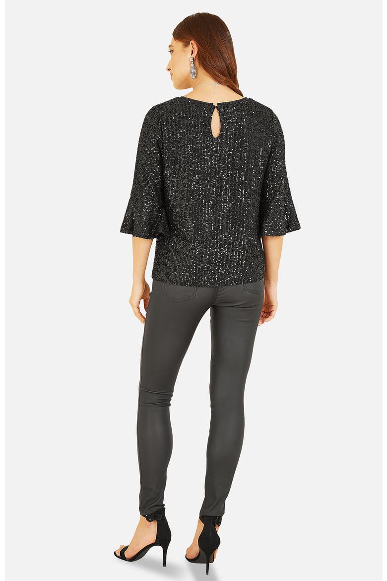 Sequin V-Neck Fluted Sleeve Top, Alternate, color, Black
