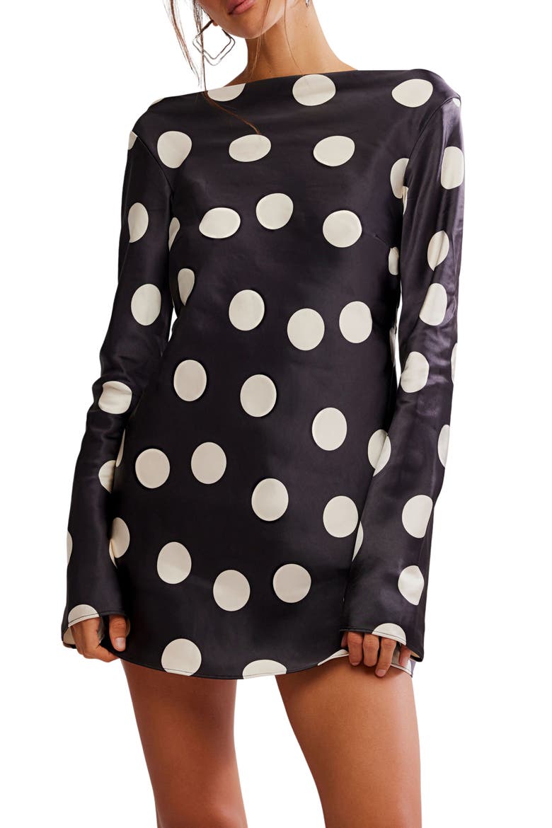 Tigre Polka Dot Long Sleeve Satin Minidress, Alternate, color, BLACK COMBO