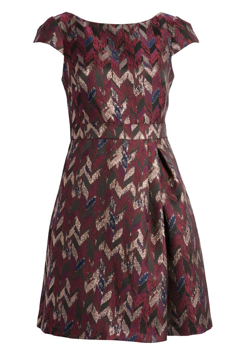 Metallic Jacquard Fit & Flare Dress, Alternate, color, BERRY