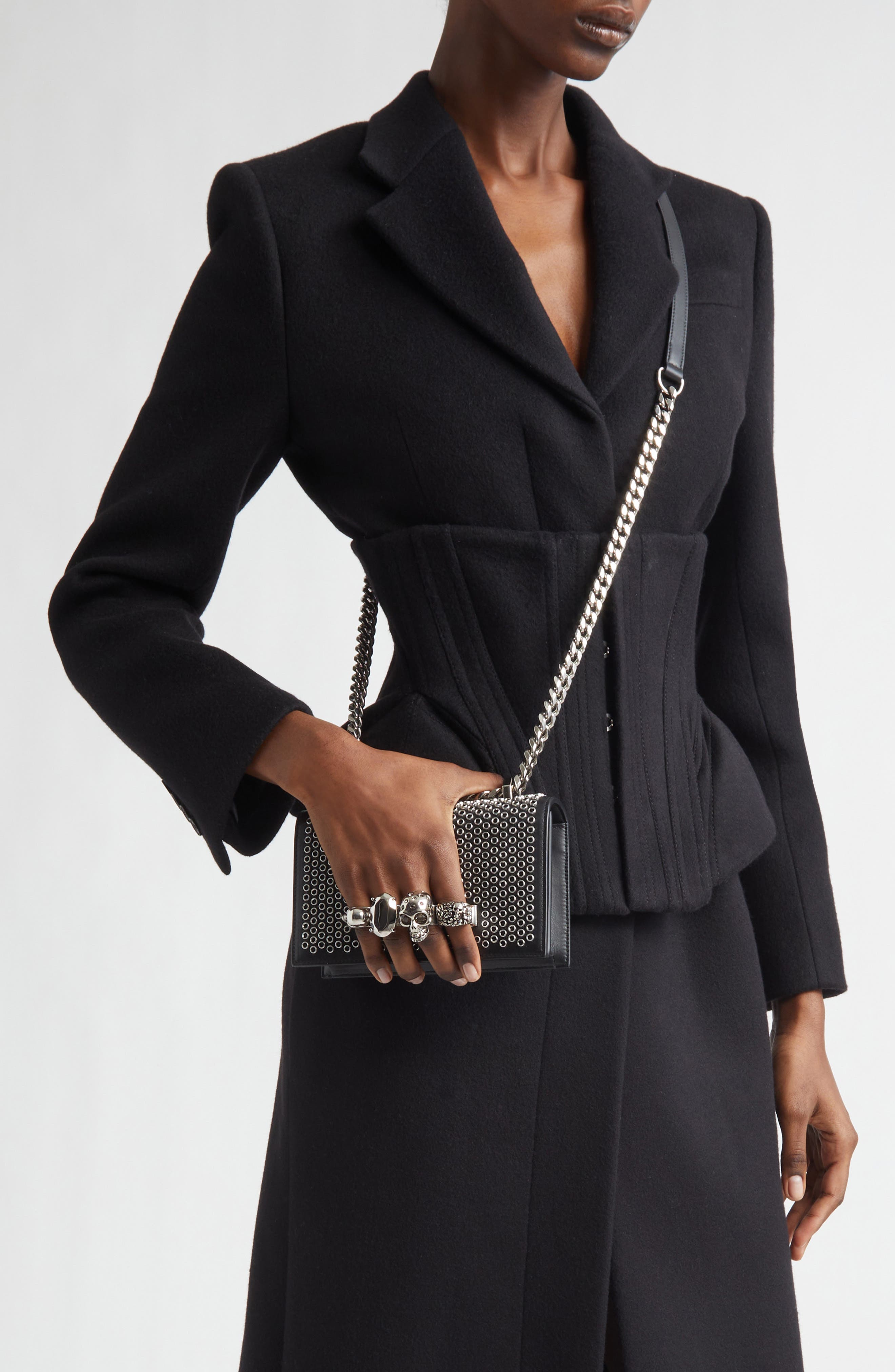 McQueen Mini Jewel Satchel, Alternate, color, Black/ Silver