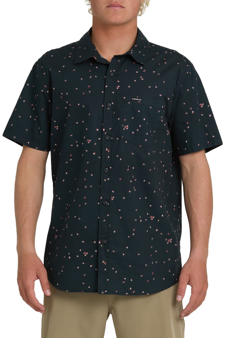 Ditsy Blossom Floral Classic Short Sleeve Cotton Button-Up Shirt, Main, color, ANTHRACITE