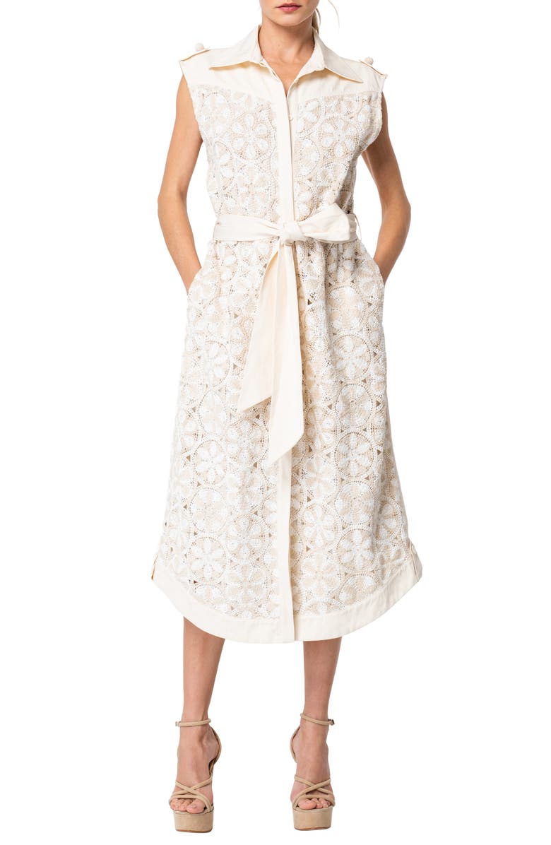 CIEBON Amber Crochet Inset Sleeveless Tie Belt Cotton Blend Shirtdress, Main, color, Cream