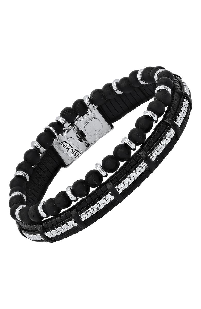 HMY JEWELRY Men's Beaded Stainless Steel & Leather Bracelet Duo, Alternate, color, Steel/ Black