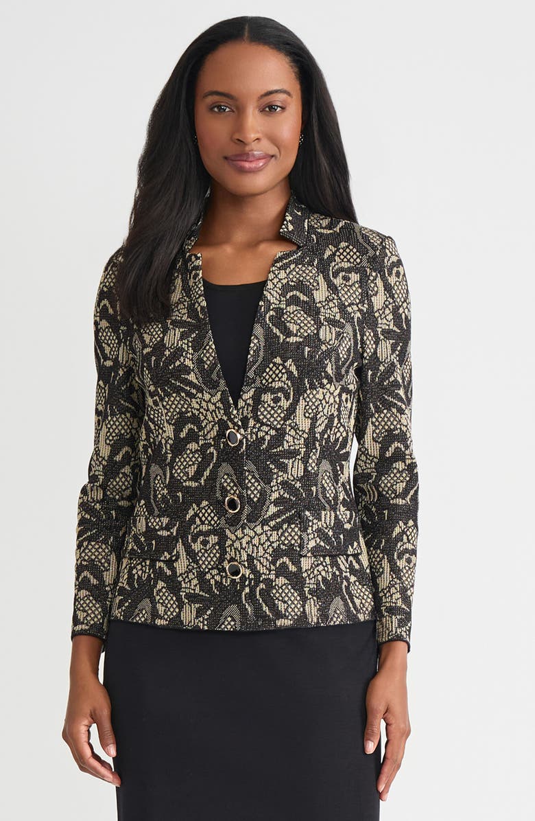 Misook Tailored Floral Lurex Knit Jacket, Main, color, Black/Biscotti/Gold