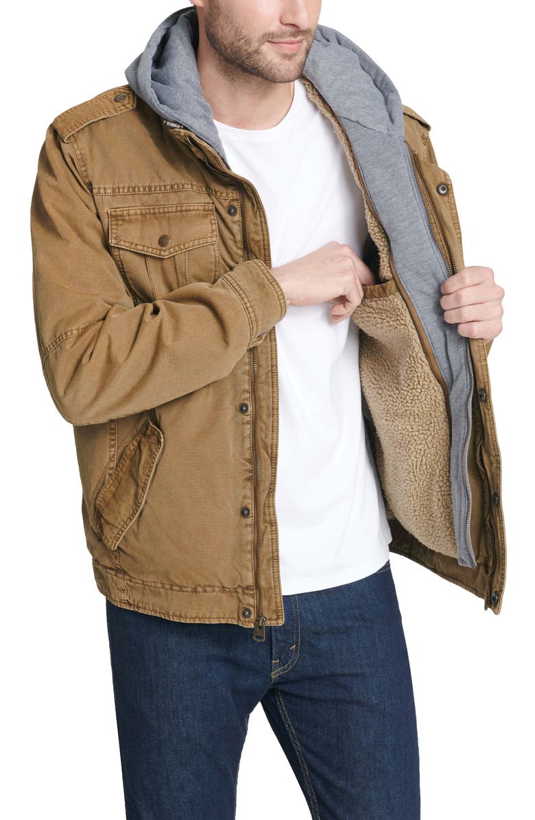 Levi's<sup>®</sup> Washed Cotton Faux Shearling Lined Hooded Military Jacket, Main, color, Khaki