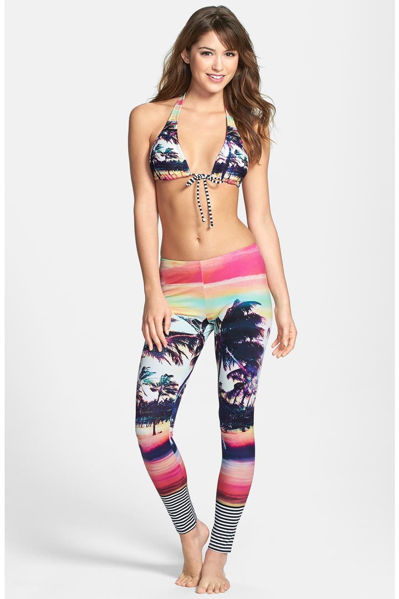 'Sunset Stripes' T-Back Halter Bikini Top, Alternate, color, SUNSET MULTI