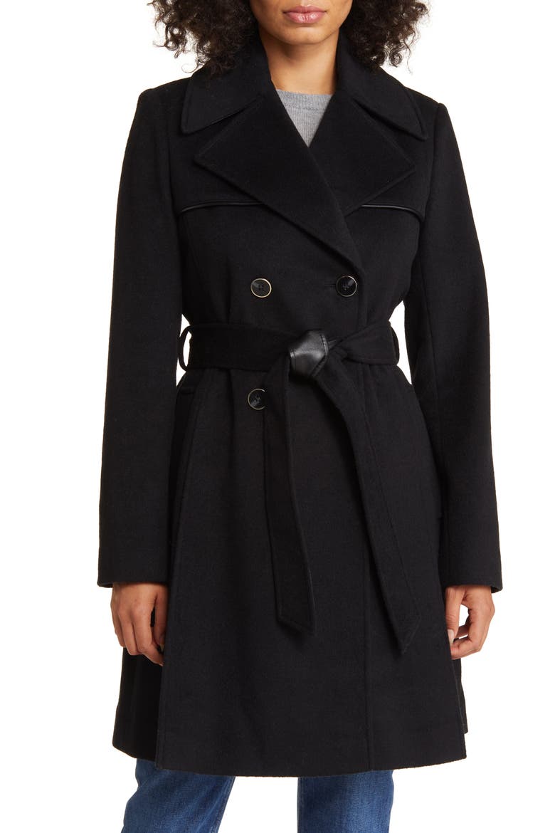 Belted Faux Leather Trim Wool Blend Coat, Main, color, BLACK