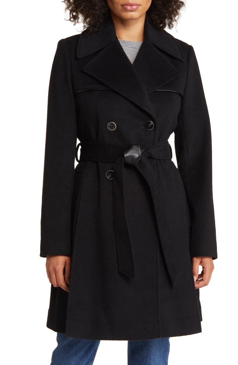 Via Spiga Belted Faux Leather Trim Wool Blend Coat, Main, color,
