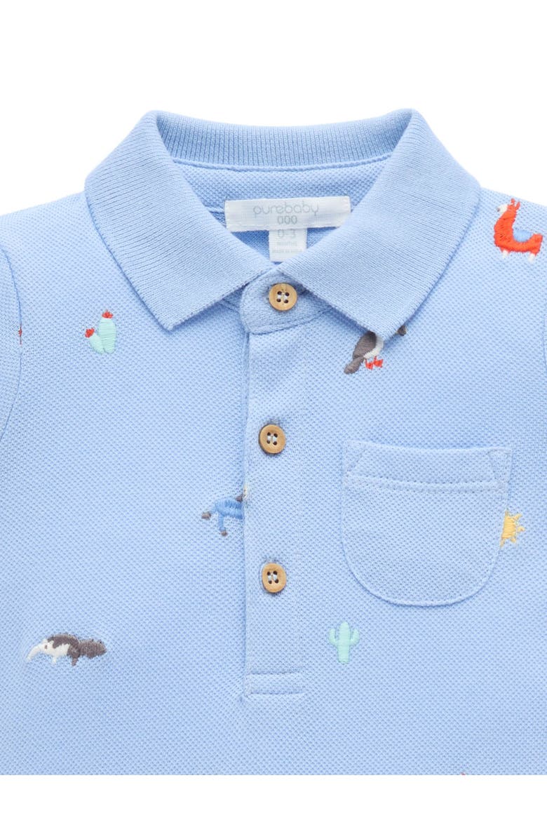 Purebaby Embroidered Polo Romper, Alternate, color, Animal Fiesta Broderie