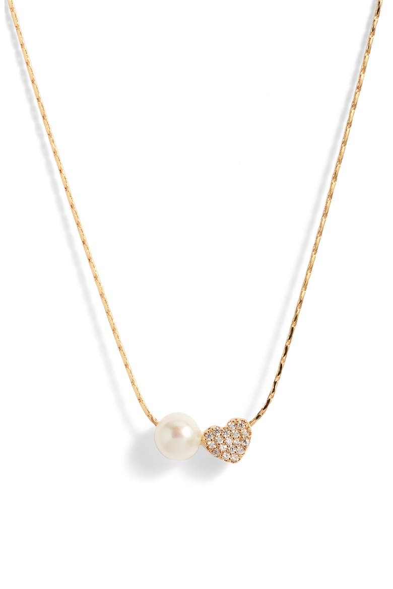 Demi Fine Heart & Freshwater Pearl Duo Pendant Necklace, Main, color, 14K GOLD PLATED