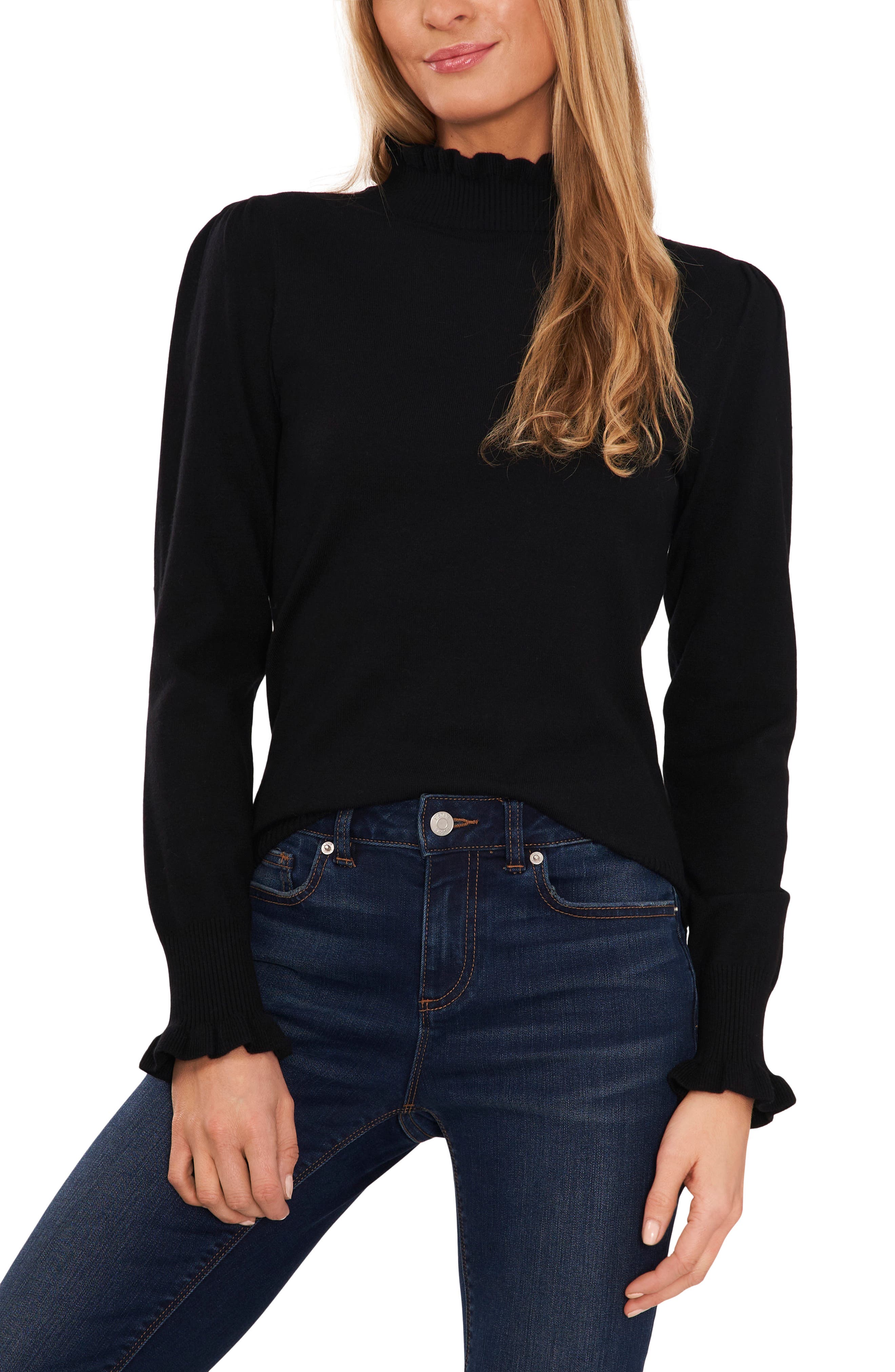 CeCe Ruffle Mock Neck Sweater