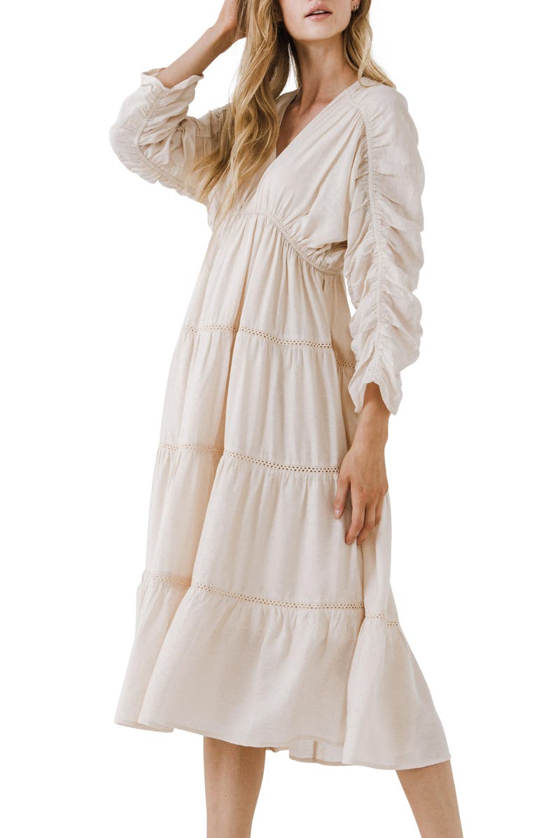 Free the Roses Ruched Sleeve Tiered Ruffle Dress, Alternate, color, Nude