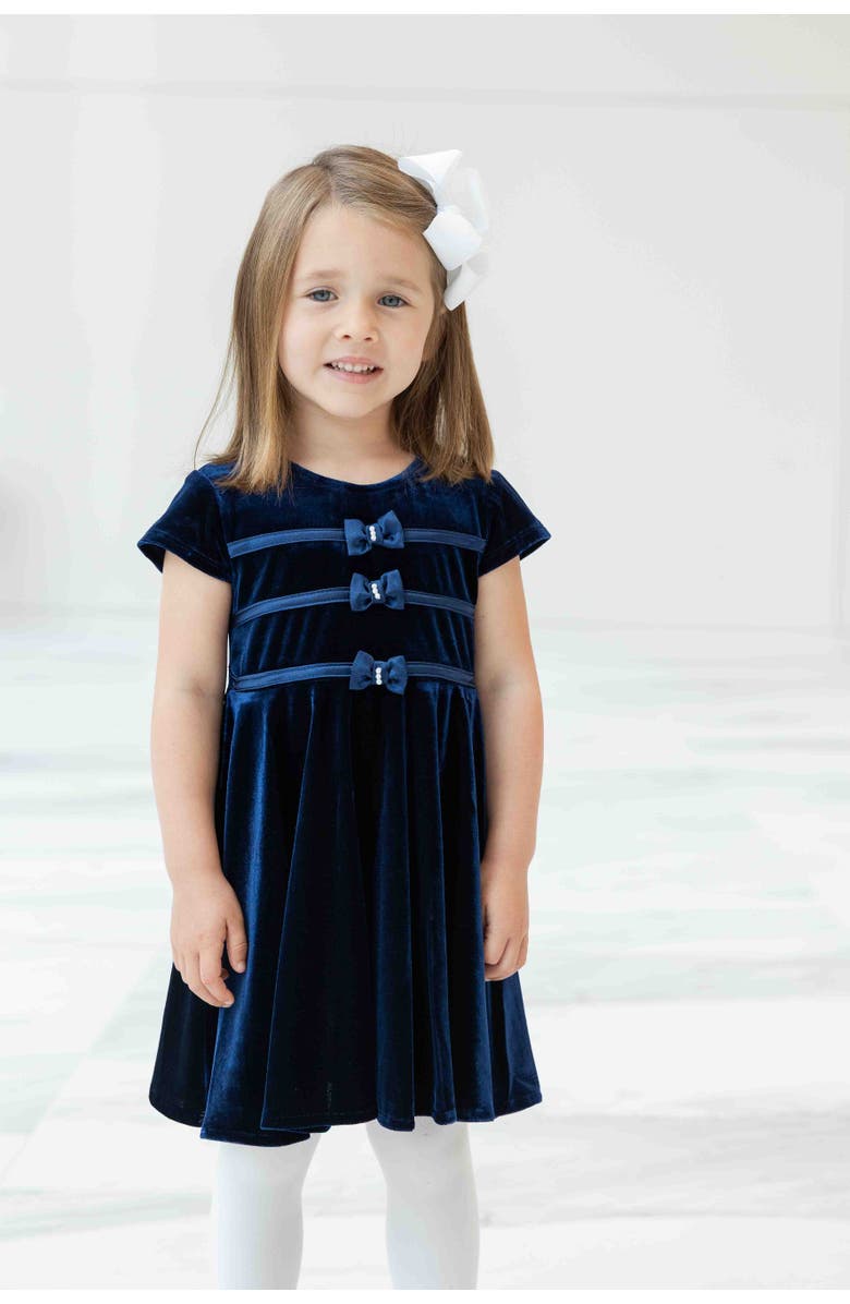 Florence Eiseman Stretch Velvet Dress With Pearls, Alternate, color, Navy