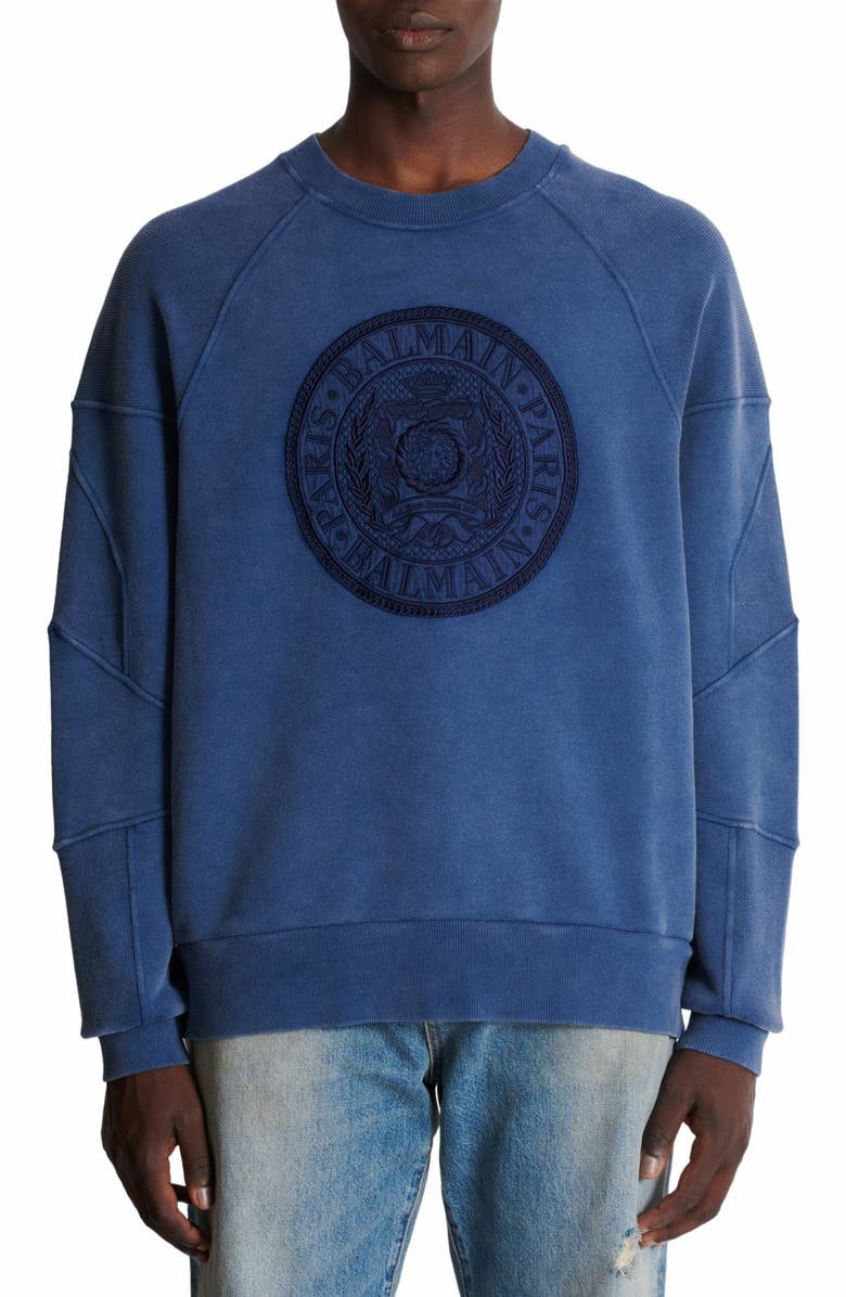 Balmain Ribbed Sweatshirt With "Coin" Embroidery, Alternate, color, Navy