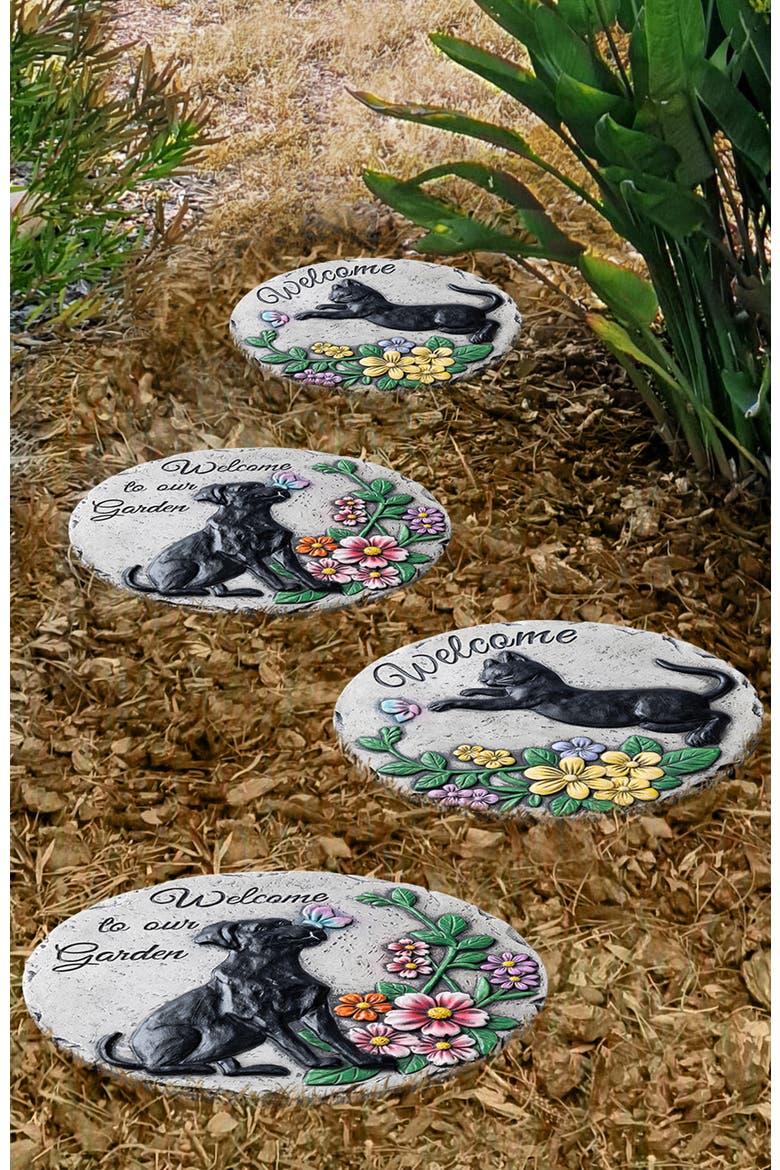Set of 2 Cement Cat and Dog Textured Stepping Stones, Alternate, color, Black