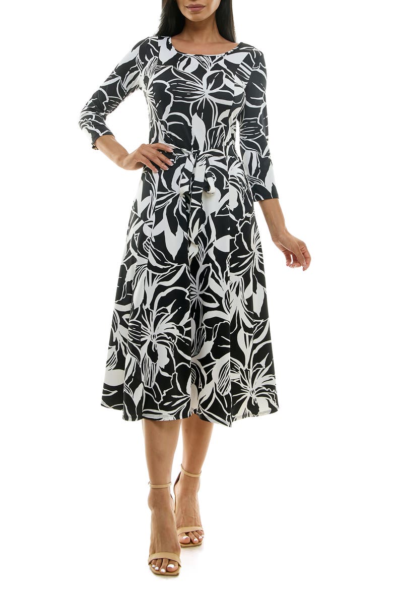 Crewneck Three-Quarter Sleeve Midi Dress, Main, color, BLACK WHITE