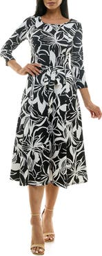 Nina Leonard Crewneck Three-Quarter Sleeve Midi Dress
