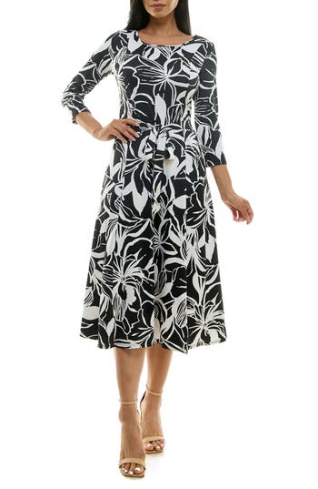 Nina Leonard Crewneck Three-quarter Sleeve Midi Dress In Black/white