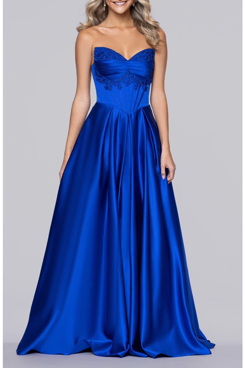 Bead Detail Strapless Satin Gown, Main, color, ROYAL