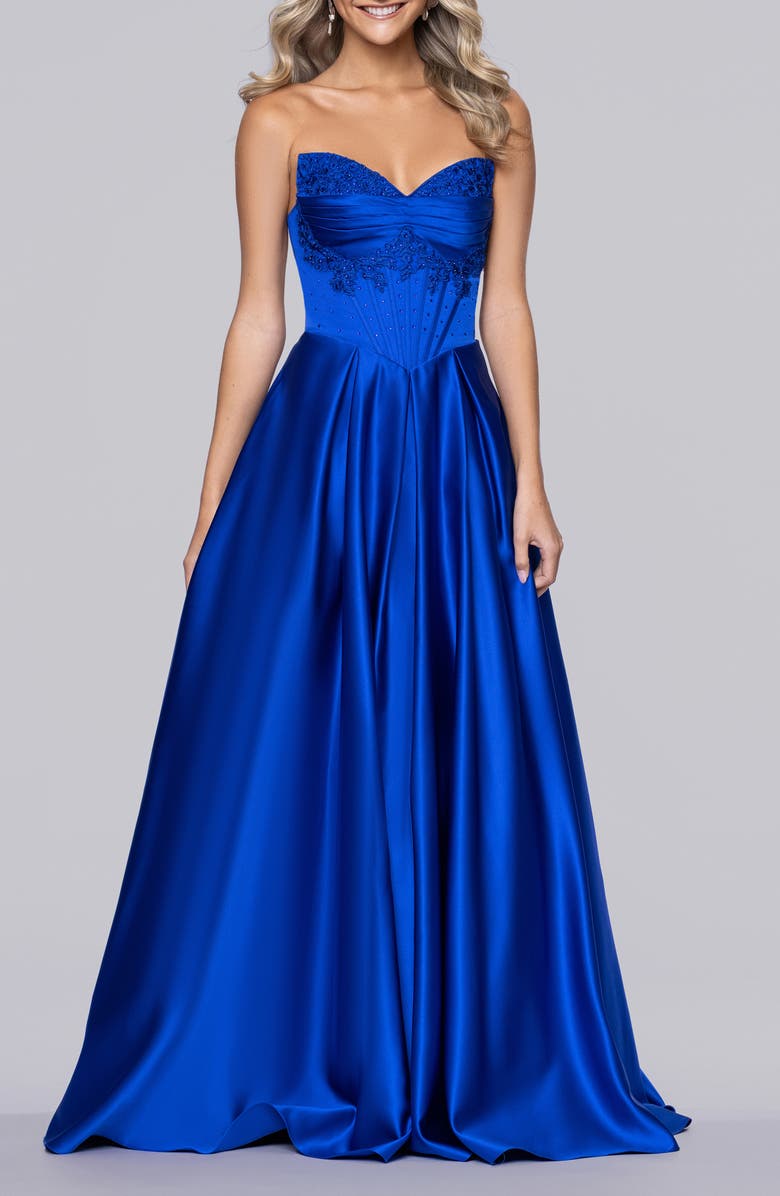 Blondie Nites Bead Detail Strapless Satin Gown, Main, color, Royal