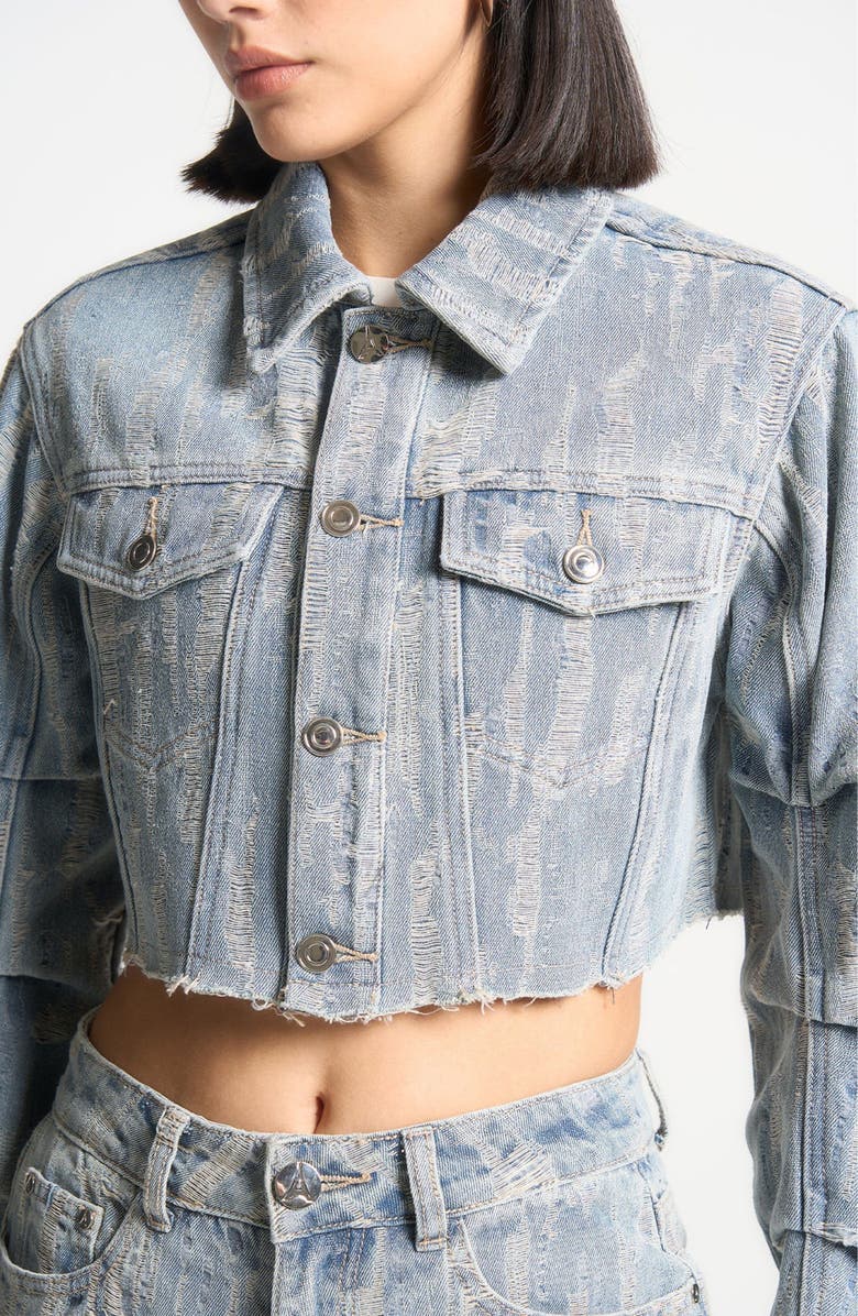 Manière De Voir Alice Cropped Distressed Denim Jacket, Main, color, Mid Blue